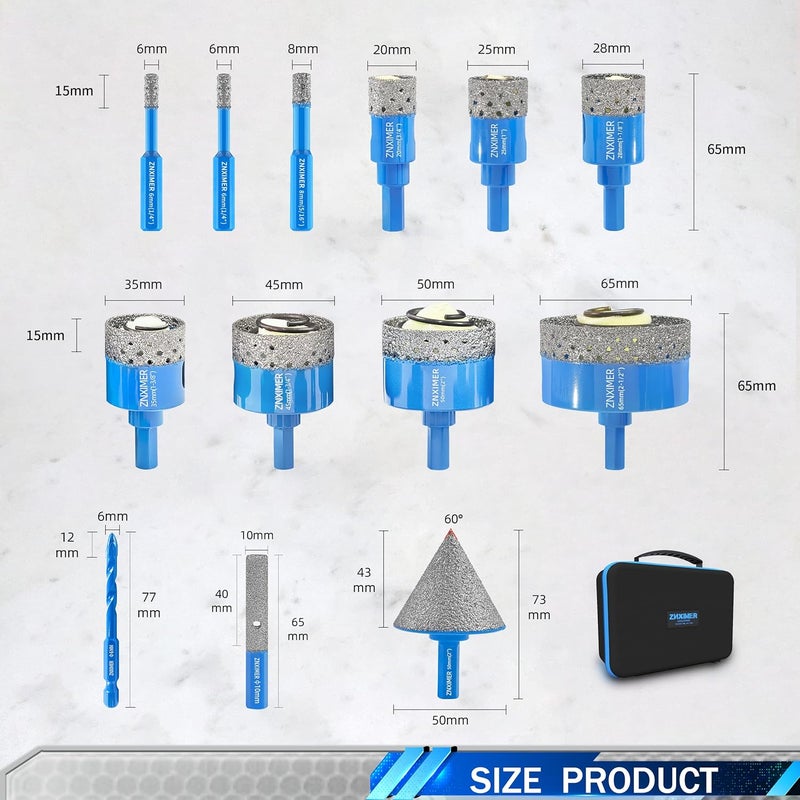 ZNXIMER Diamond Core Drill Bits Set - Porcelain Tile Hole Saw Kit for Ceramic, Granite, Marble and More Drilling - 13pcs Diamond Hole Saw Kit(6/6/8/20/25/28/35/45/50/65MM/2/6MM/10MM) - Image 2